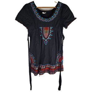Womens KLD Signature Tunic Top Embroidered Waist Tie Boho Festival Black Medium